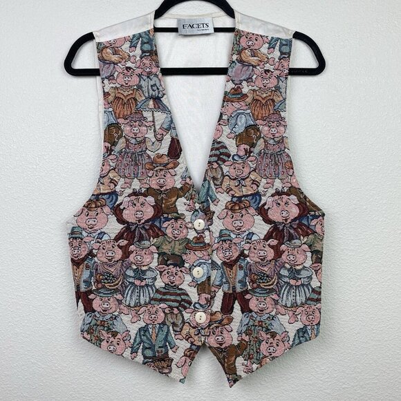 Vtg Facets By Mirrors Men's Medium Pig Print Tapestry Vest Quirky Piggy Button - Picture 1 of 16